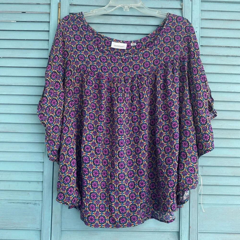 Avenue Blouse Shirt ~ Sz 18/20 ~ Batwing Sleeve ~ Blue, Brown, Pink - Picture 1 of 4